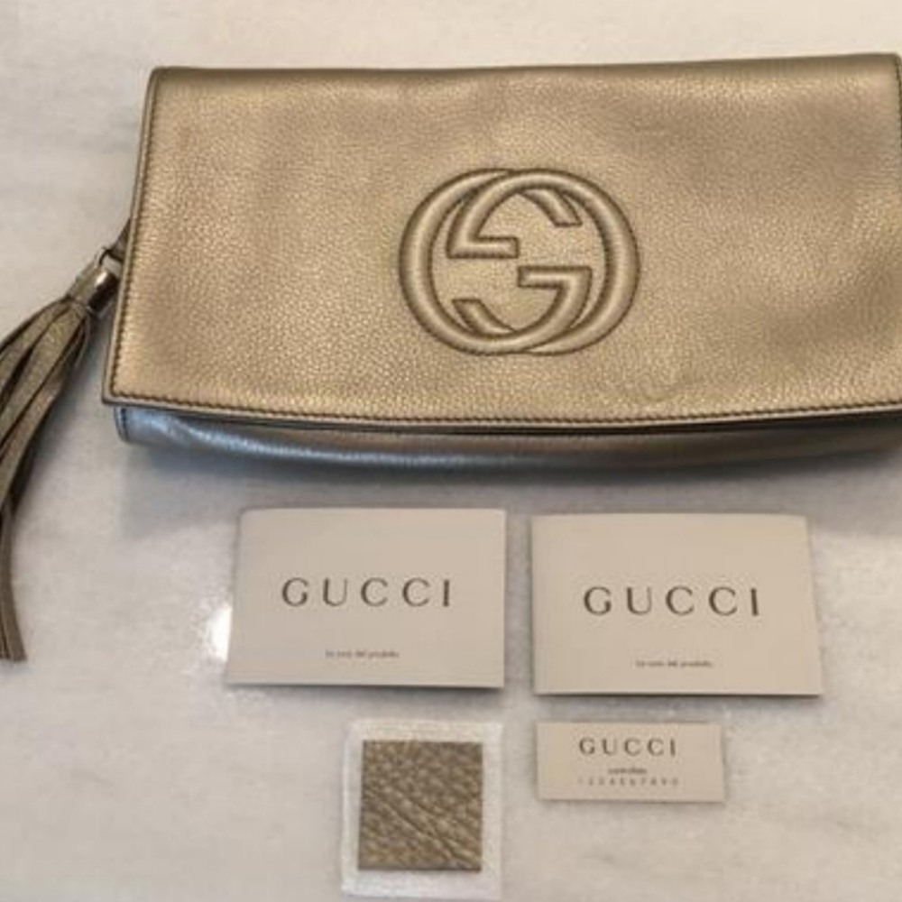 Gucci Soho Bag Clutch Leather Gold Metallic